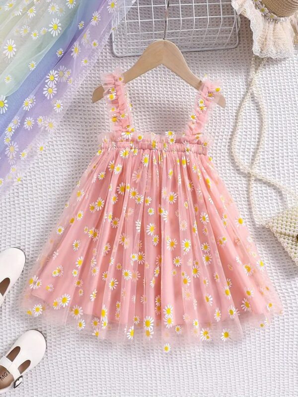Baby Girl Summer Frock | Soft Net Fabric | Daisy Print | Peach Colors | 3M-5Y | Party & Casual Wear