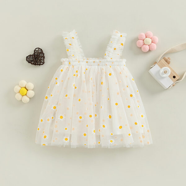 Baby Girl Summer Frock | Soft Net Fabric | Daisy Print | White Colors | 3M-5Y | Party & Casual Wear
