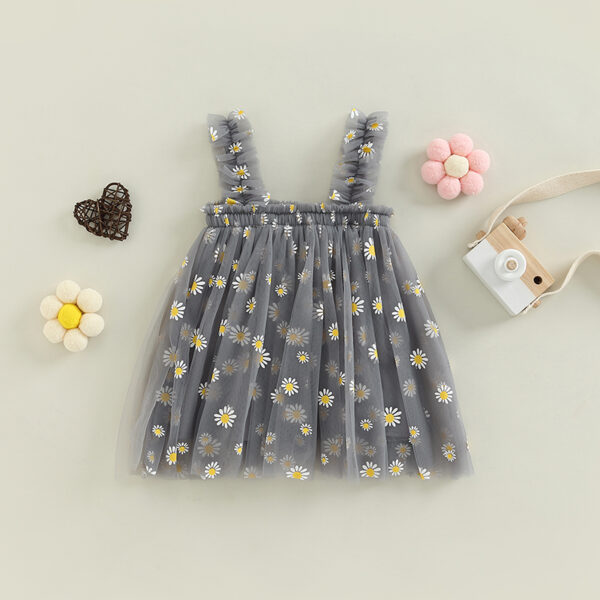 Baby Girl Summer Frock | Soft Net Fabric | Daisy Print | Grey Colors | 3M-5Y | Party & Casual Wear