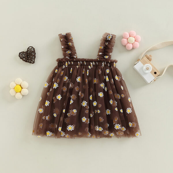 Baby Girl Summer Frock | Soft Net Fabric | Daisy Print | Brown Colors | 3M-5Y | Party & Casual Wear