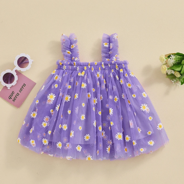 Baby Girl Summer Frock | Soft Net Fabric | Daisy Print | Purple Colors | 3M-5Y | Party & Casual Wear