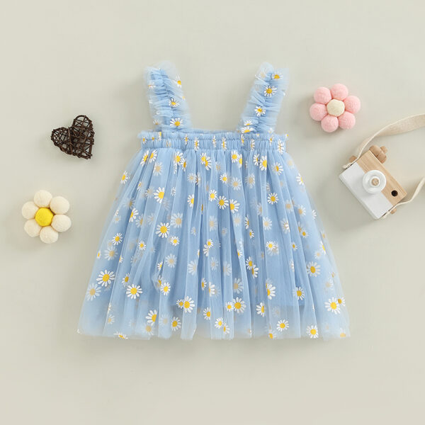 Baby Girl Summer Frock | Soft Net Fabric | Daisy Print | Blue Colors | 3M-5Y | Party & Casual Wear