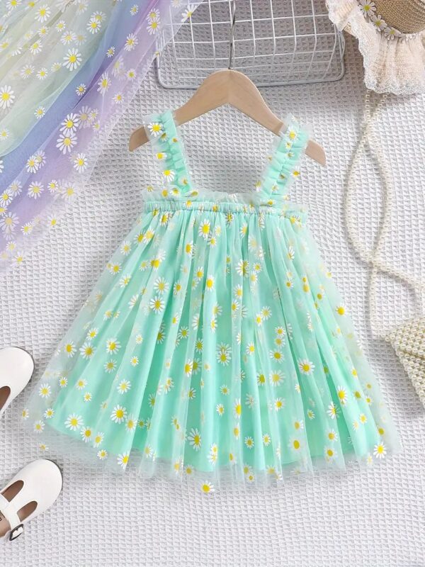 Baby Girl Summer Frock | Soft Net Fabric | Daisy Print | Green Colors | 3M-5Y | Party & Casual Wear