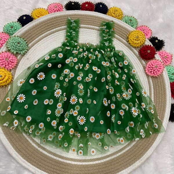Baby Girl Summer Frock | Soft Net Fabric | Daisy Print | Bottle Green Colors | 3M-5Y | Party & Casual Wear